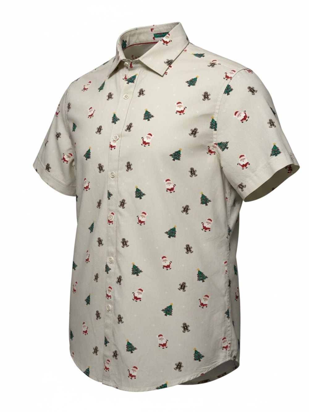 Denim & Flower Cream Short-Sleeve Button-Down with Holiday Santa Print